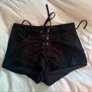Black faux suede tie up shorts